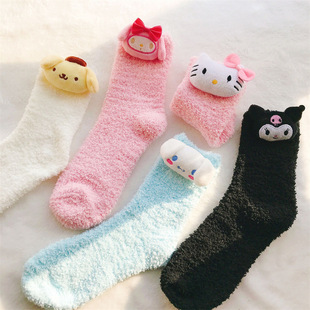 Cute cartoon Three-Dimensional head coral fleece padded tube socks autumn and winter home bedroom warm floor