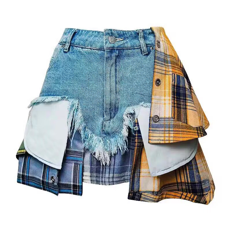 American Style Distinctive Deconstruction Design Sense Denim Skirt Women's Summer New Arrival Irregular Plaid Stitching High Waist Skirt