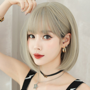 Amazon New Wig Women's Short Hair Rice Brown Inner Buckle Short Straight Hair Full Top Cover Internet Celebrity Round Face Bobo Head