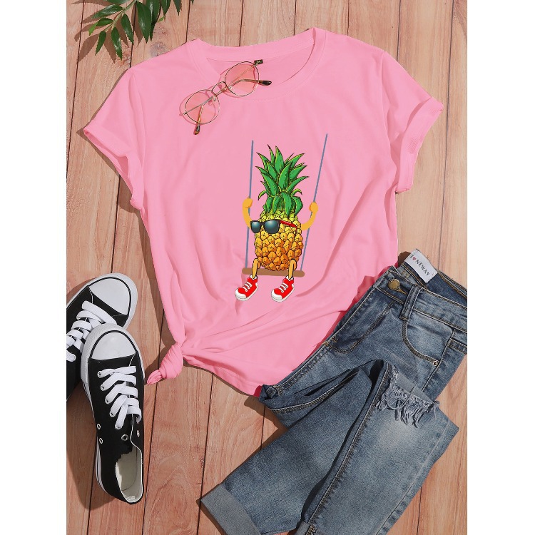 European and American cross-border creative cartoon pineapple letter print casual short-sleeved T-shirt for women