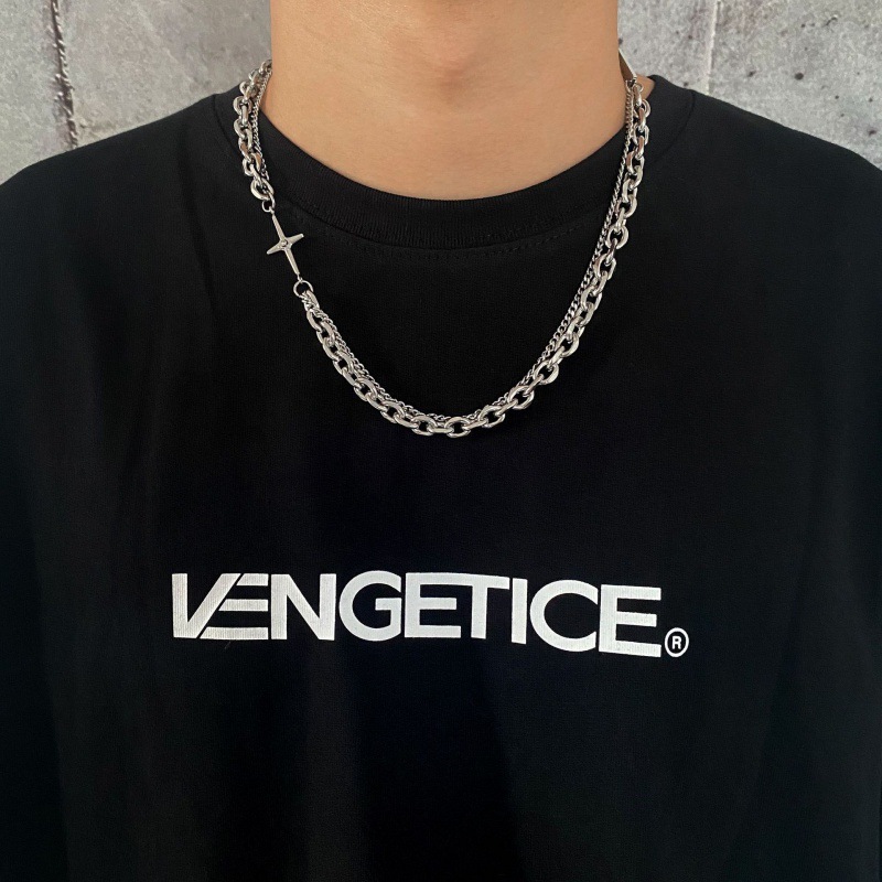 Simple Cross Double-layer Chain Stitching Necklace Men's ins Cold Style Hip-hop Distinctive Clavicle Chain Jewelry