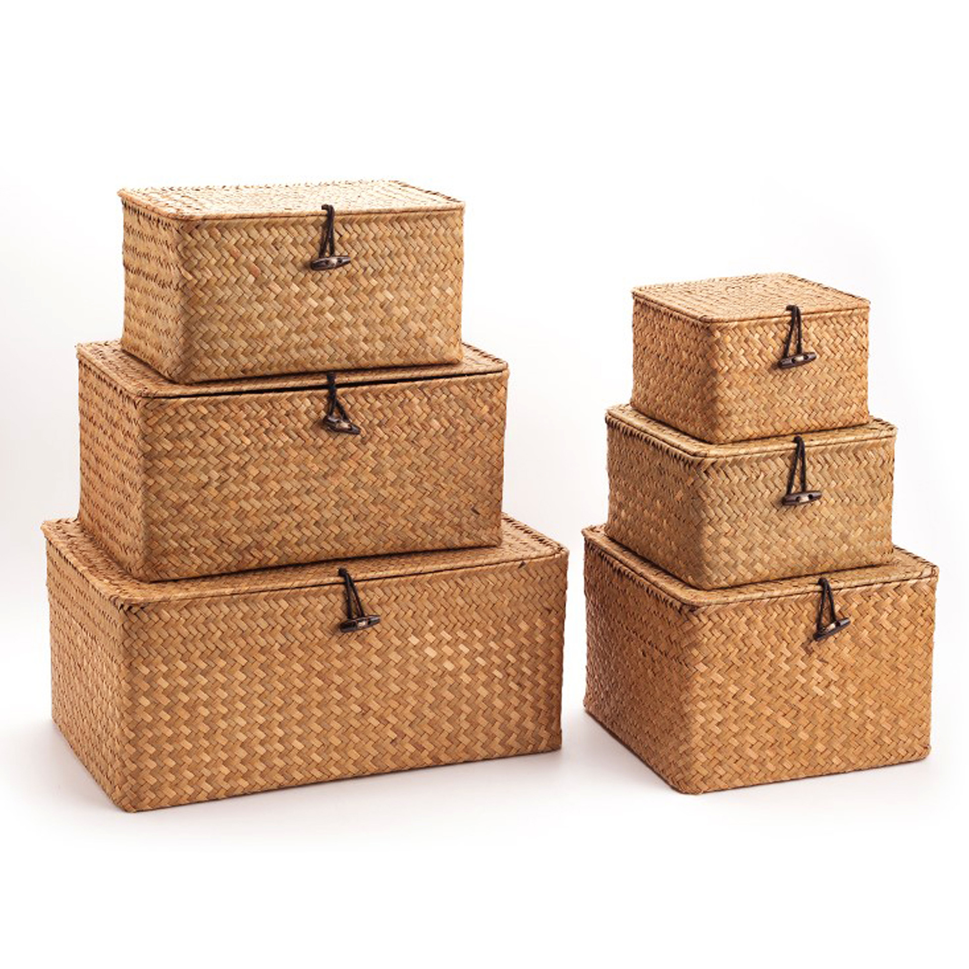 Cesta de almacenamiento tejida de pastos marinas cesta de almacenamiento cesta de regalo de boda de estilo occidental con tapa caja de regalo de mimbre de caramelo de boda