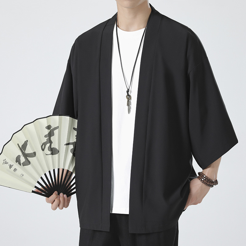 2023 Summer Men's Simple Solid Color Cardigan Ice Silk Casual Loose Chinese Style Seven-Sleeve Shirt Trench Coat for Men