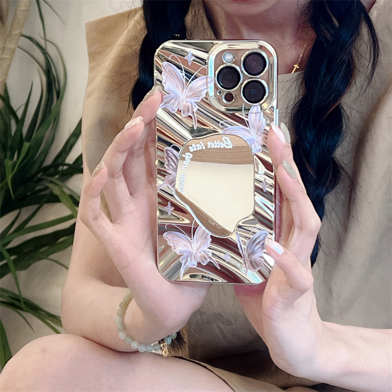 夢幻紫色蝴蝶電鍍鏡面適用iphone15Promax蘋果14手機殼13女12軟11