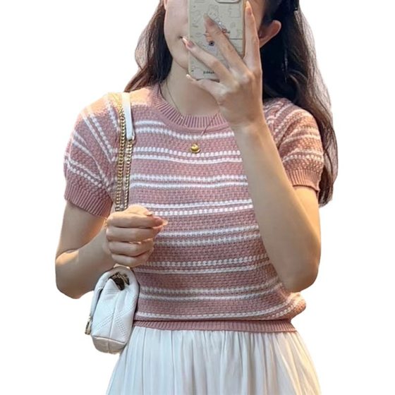 Short-sleeved Chanel Striped Sweater Women's Summer Thin 2023 New Design Slim-fit French Top