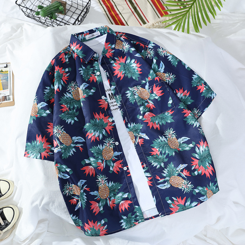South Korea Vintage Hawaiian Short Sleeve Shirt Men's and Women's Hong Kong Style Chic Loose Couple's Seaside Beach Color Shirt Trendy
