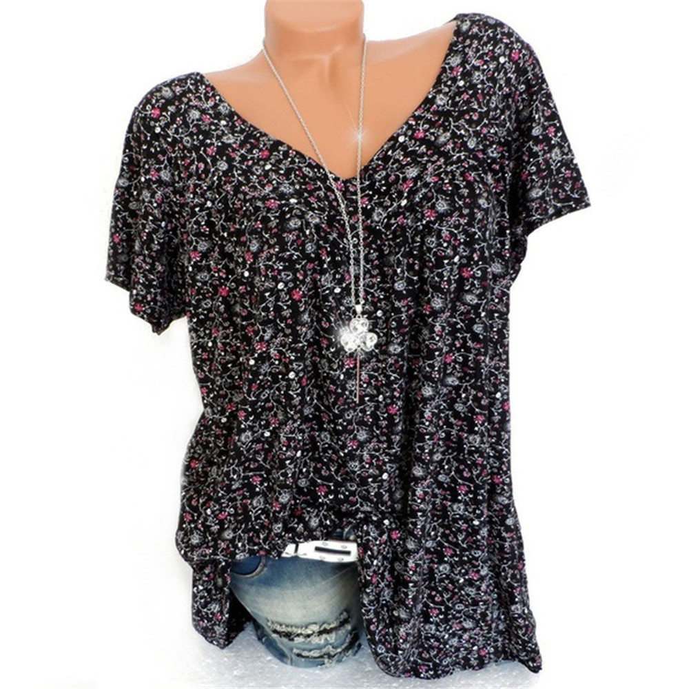 New Cross-border European and American Women's 2022 Summer Wish Amazon ebayV Collar Loose Short-sleeved Printed T-shirt