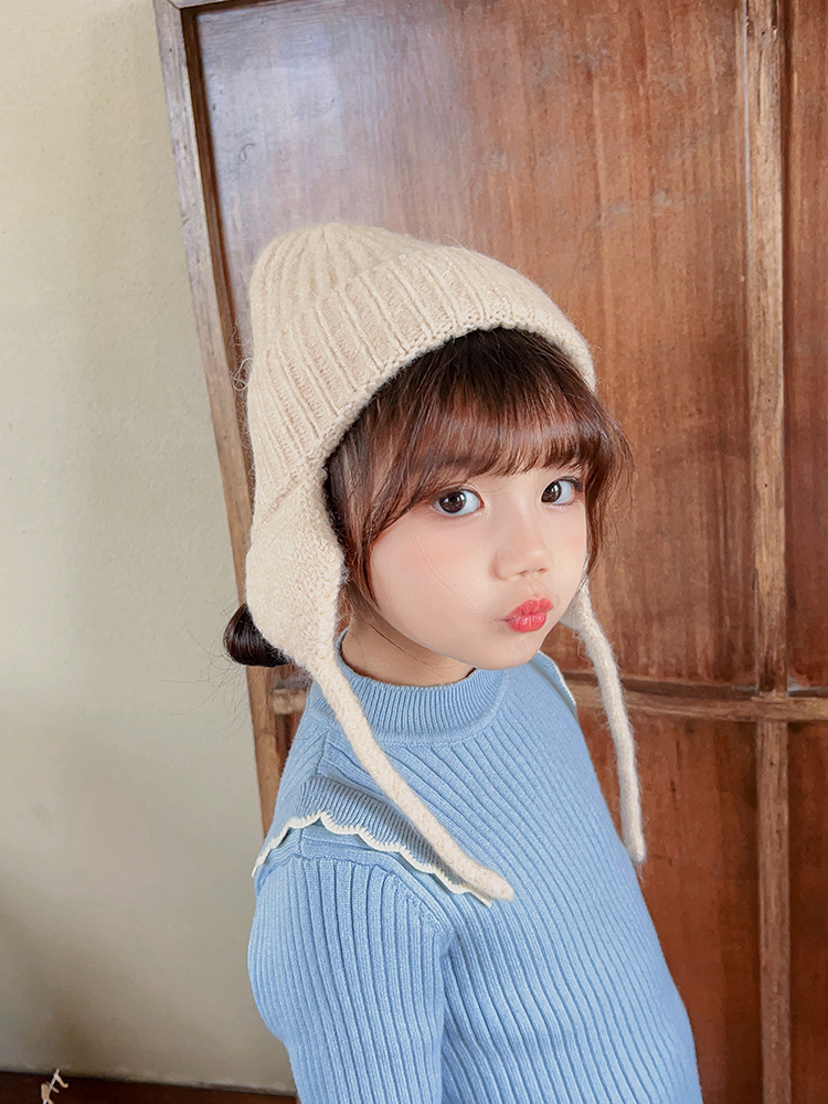 Gestrickte Ohrenschutzmütze für Kinder im japanischen Stil, neue Herbst- und Wintermütze aus dunkler, eleganter, warmer Wolle, einfarbige Strickmütze_voghion.com