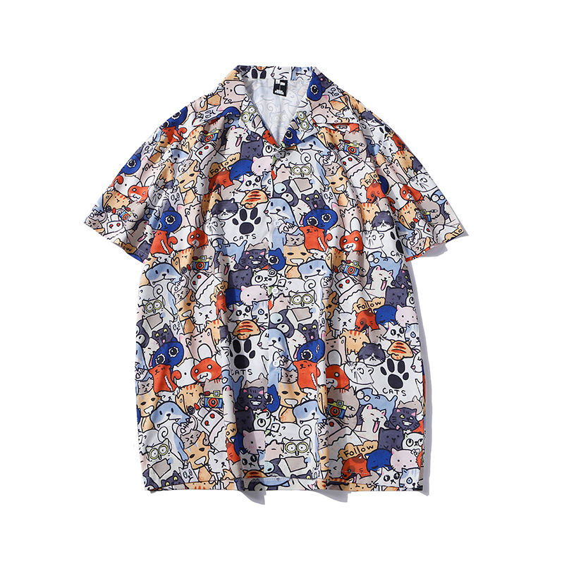 American retro couple Hawaiian seaside beach flower shirt cross-border full printed Hawaiian short sleeve flower shirt men's fashion