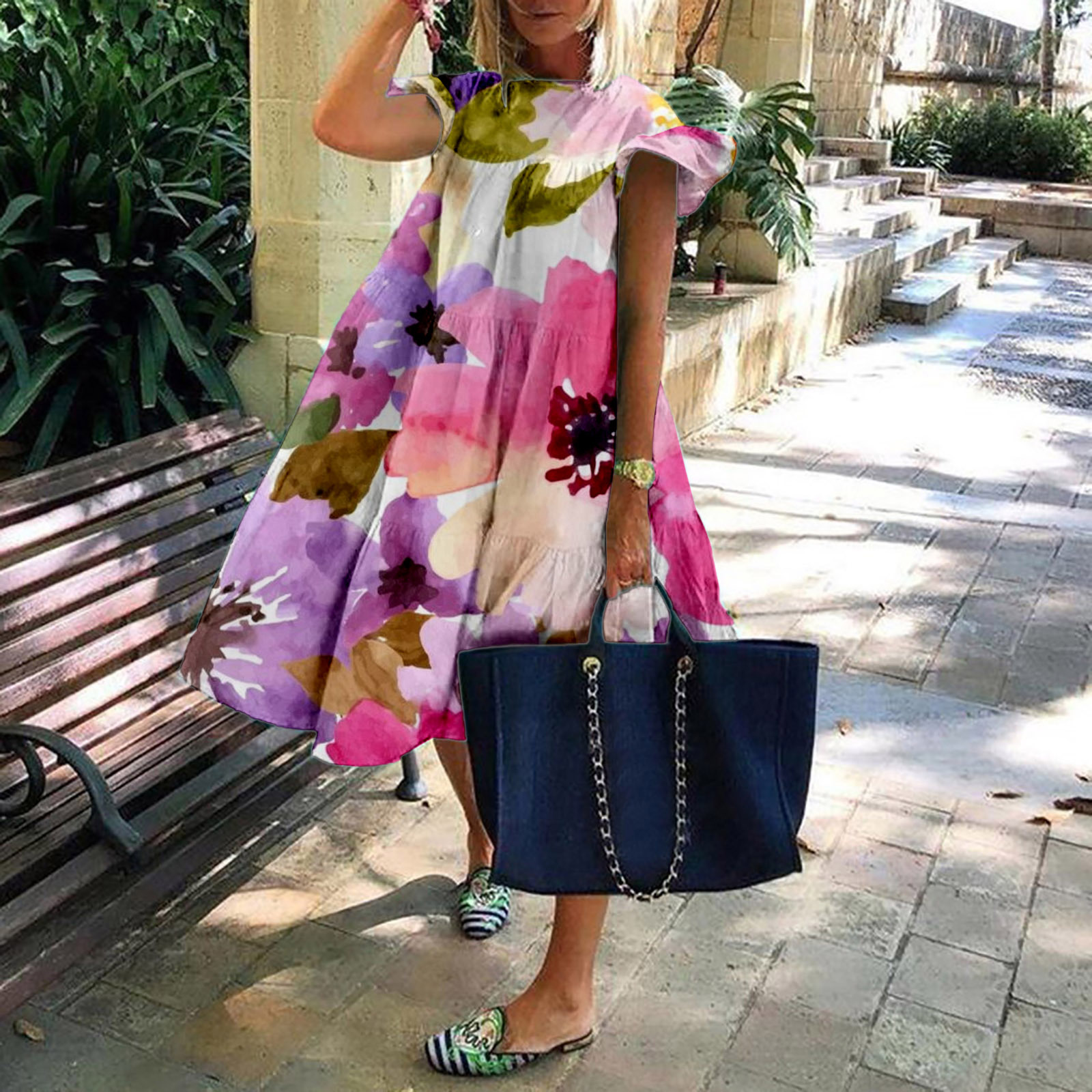 2024 spring and summer hot European and American ebay AliExpress wish round neck flower fashion short sleeve loose dress