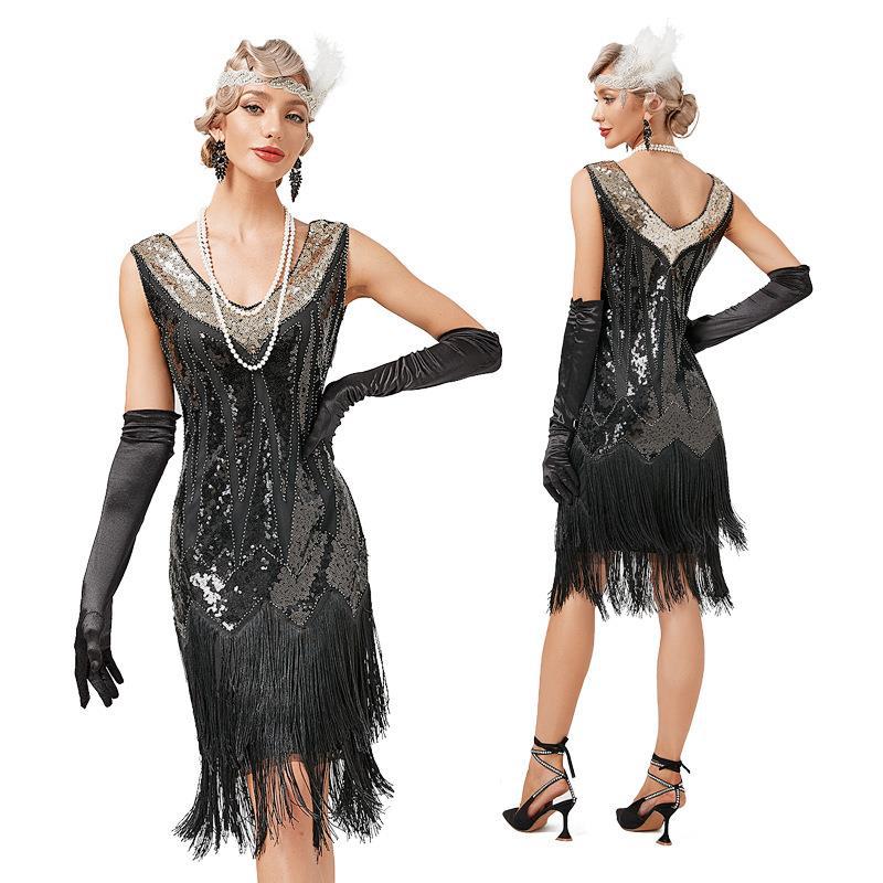 European and American retro 1920V collar double-layer tassel dress Gatsby cocktail ball sequined beaded dress