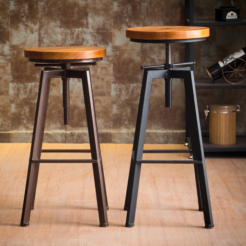 Wrought Iron High Bar Stool Chair Bar Chair Industrial Wind Rotating Bar Stool Lifting Bar Chair Solid Wood High Chair Wholesale Price