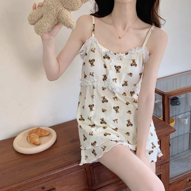 Pajamas with Chest Pad Women's Sling Summer Cartoon Bear Cute Sweet Princess Style Summer Thin Home Clothes Set