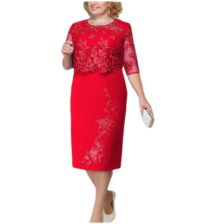 Amazon AliExpress wish cross-border European and American lace stitching fake two-piece chubby large size three-color dress