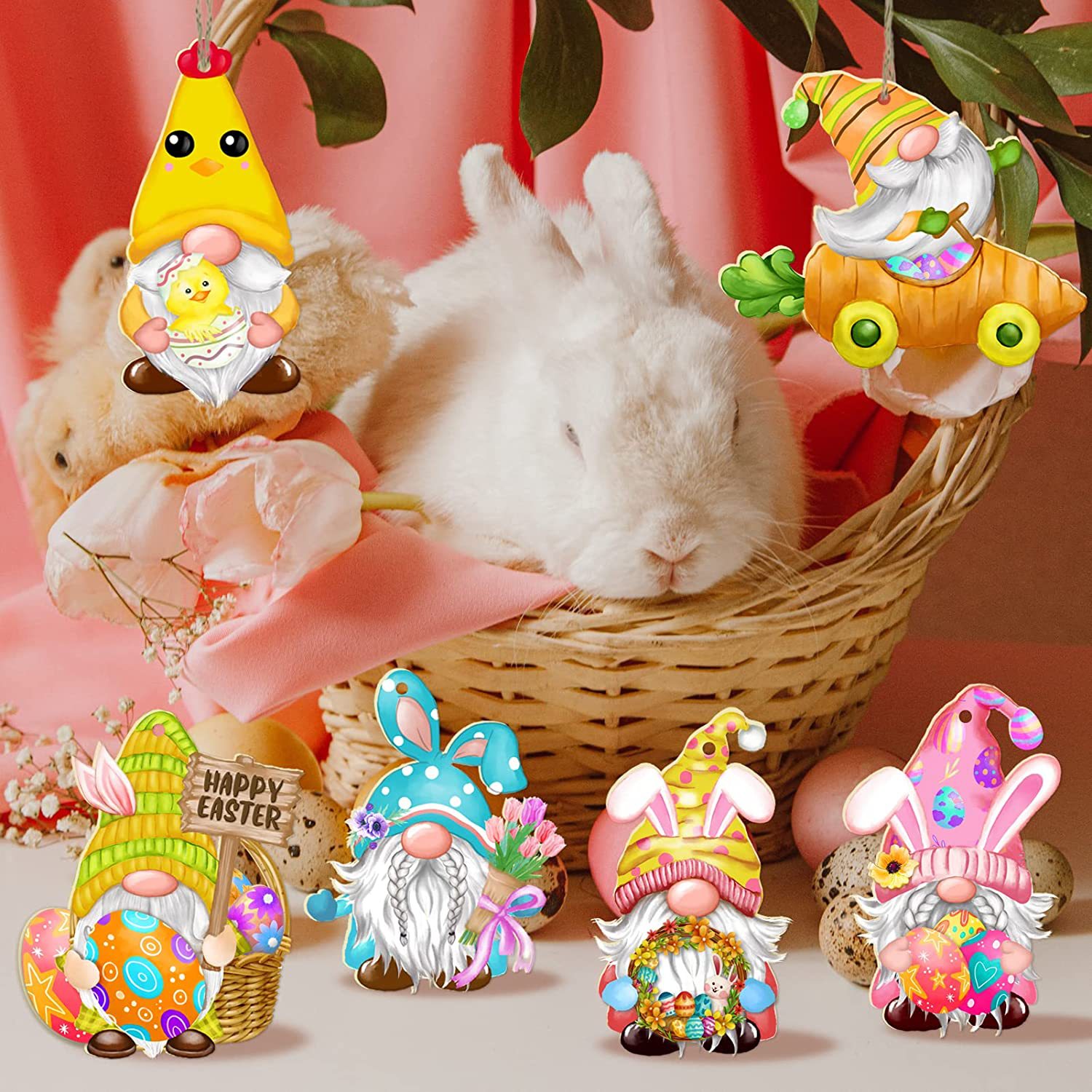 Cross-border New Easter Holiday Wood Chip Decorative Pendant Dwarf Rabbit Egg Decorative Tree Holiday Hanging Ornaments