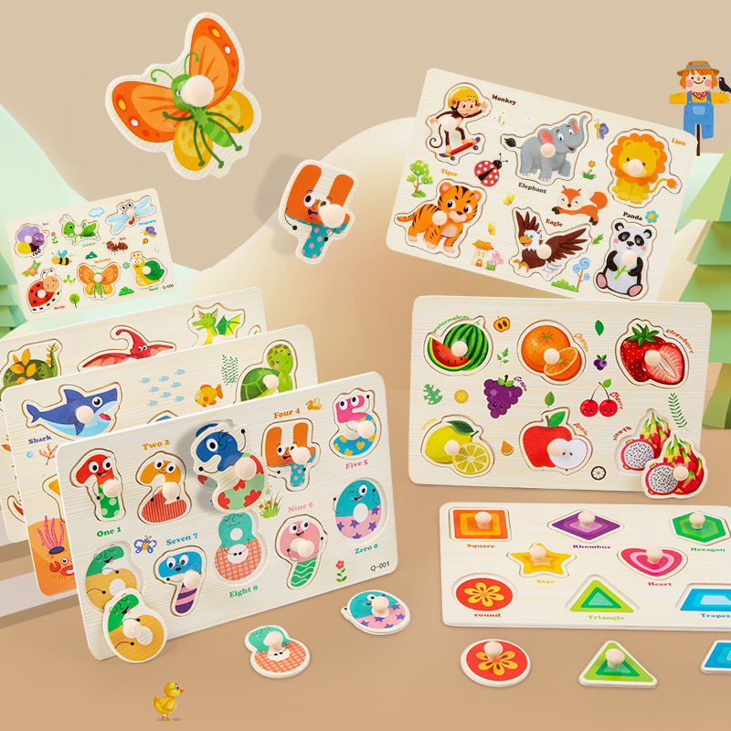 Mushroom nail hand-grasping board puzzle children Montessori early education alphabet digital fruit shape cognitive puzzle wooden toy