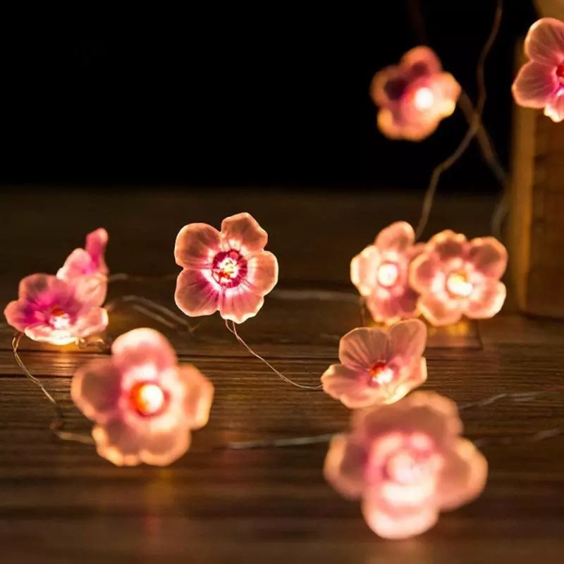 Amazon Cross-border Pink Cherry Blossom Light String Simulation Cherry Blossom Plum Blossom Shape Decoration String Lamp Battery Box Copper Wire Lamp