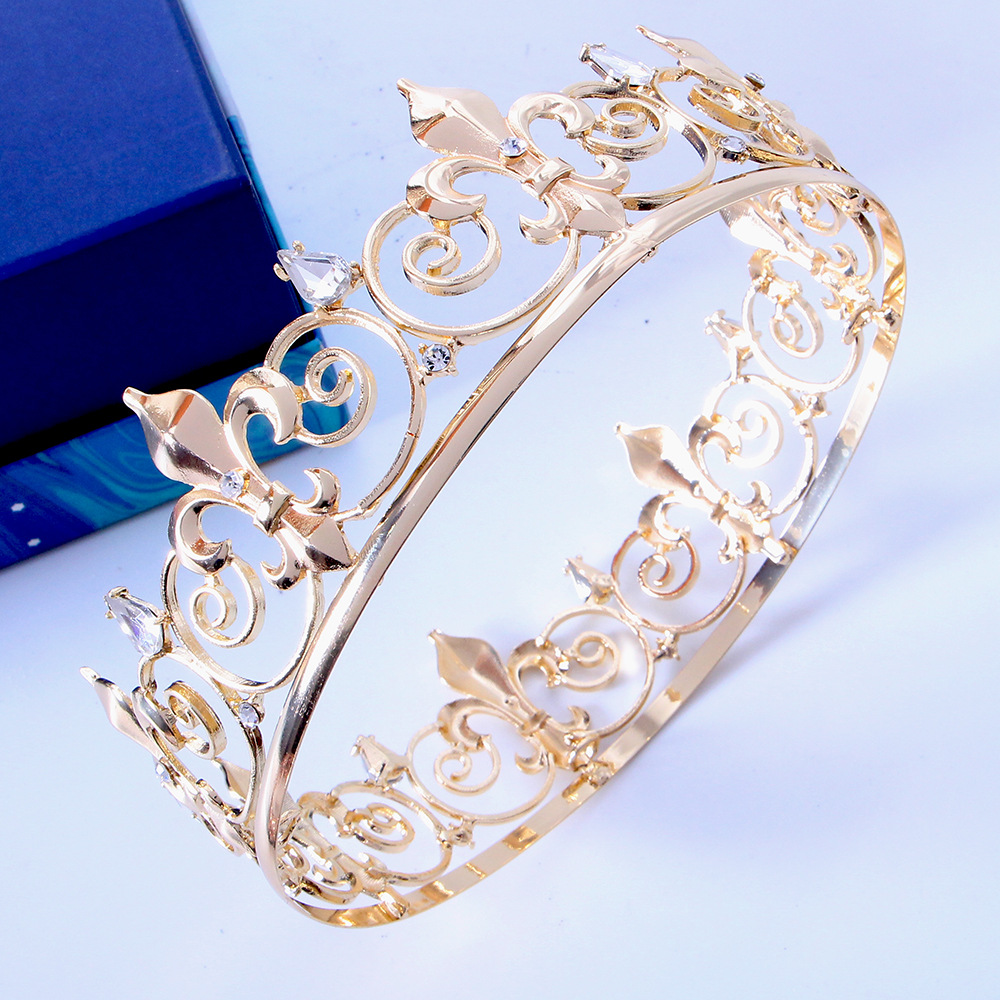 European and American Classic King Hair Jewelry Baroque Full Round Rhinestone Gold Alloy Men's and Women's Party Ball Crown Headwear
