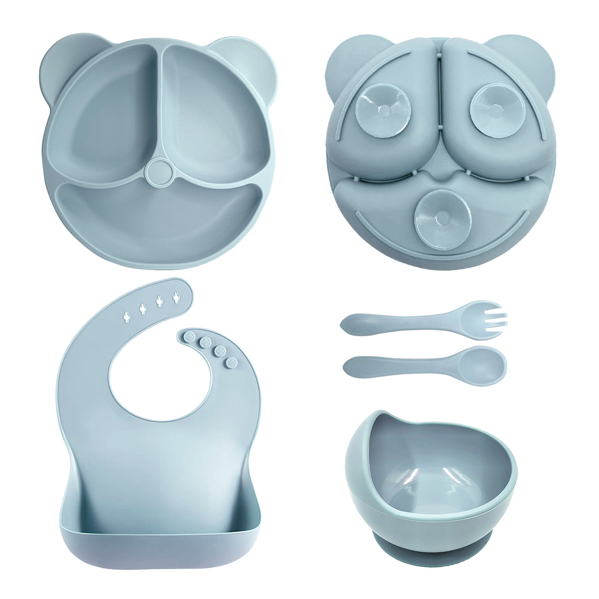 小熊硅胶餐具 婴儿硅胶辅食套装 宝宝叉勺一体式硅胶餐盘套装