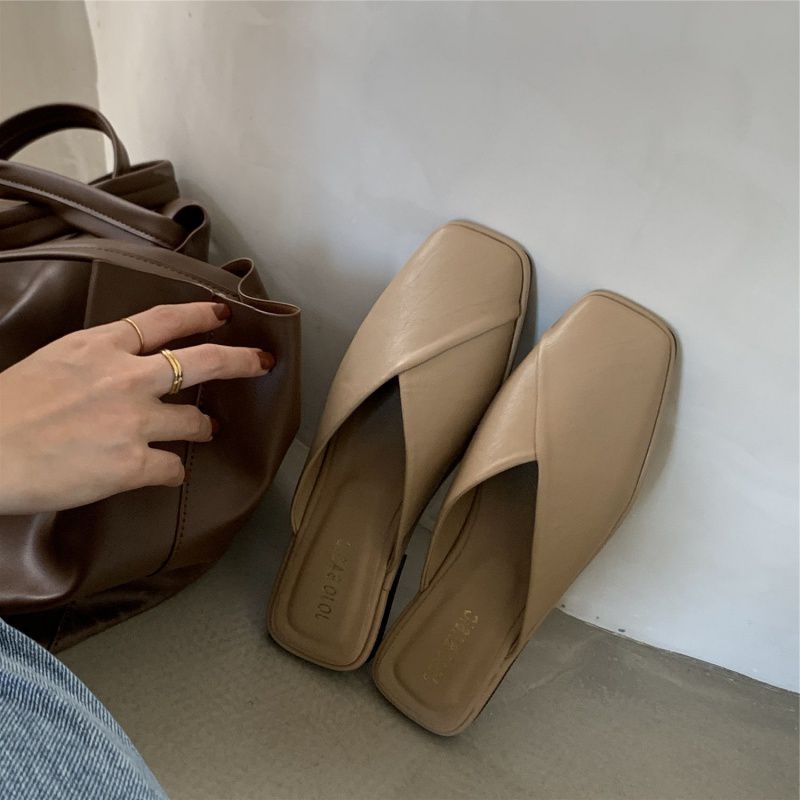 Flat Half Sandals Women's Shoes Summer Thin French Style Small Crowdsourcing Half Square Toe Sandals Soft Bottom Mueller Shoes