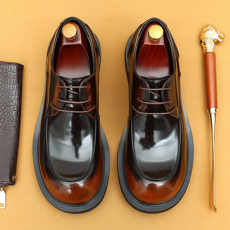 [Prévente non disponible] chaussures en cuir décontractées pour hommes, jambes larges, britanniques, brillantes, grosse tête, première couche de cuir de vachette, chaussures pour jeunes_voghion.com
