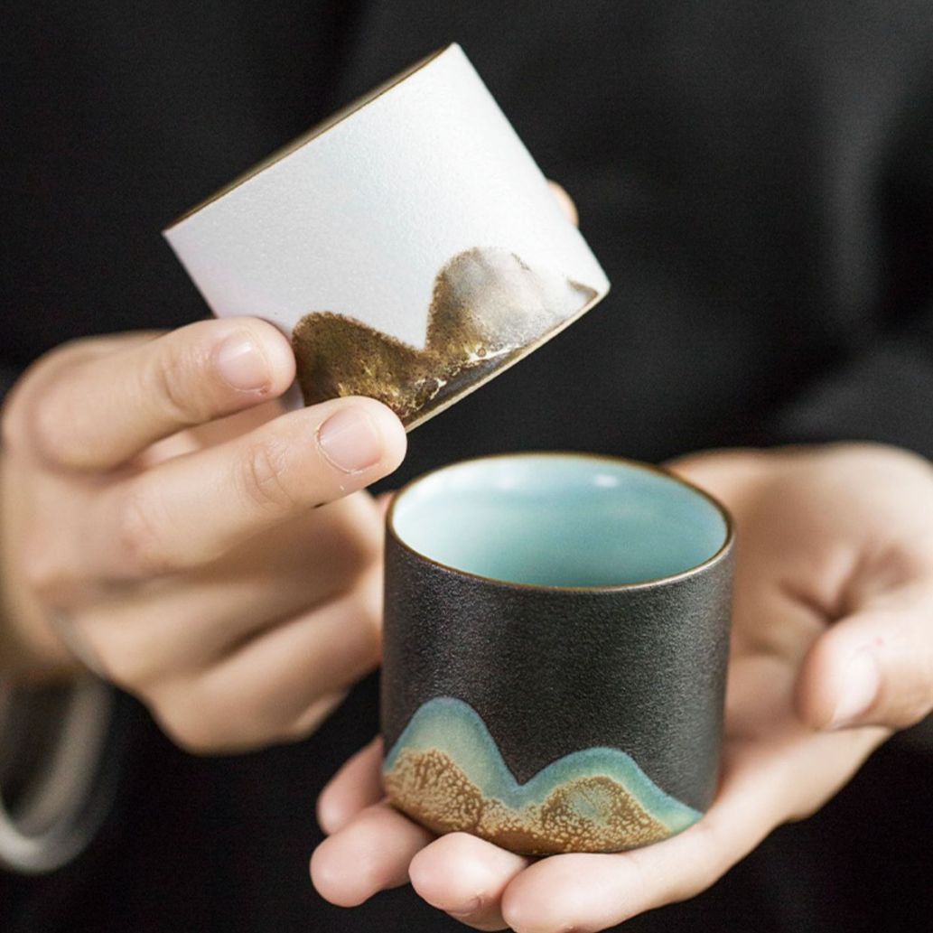 千里江山远山黑陶手绘茶杯 陶瓷创意品茗杯大师手作单杯日式家用