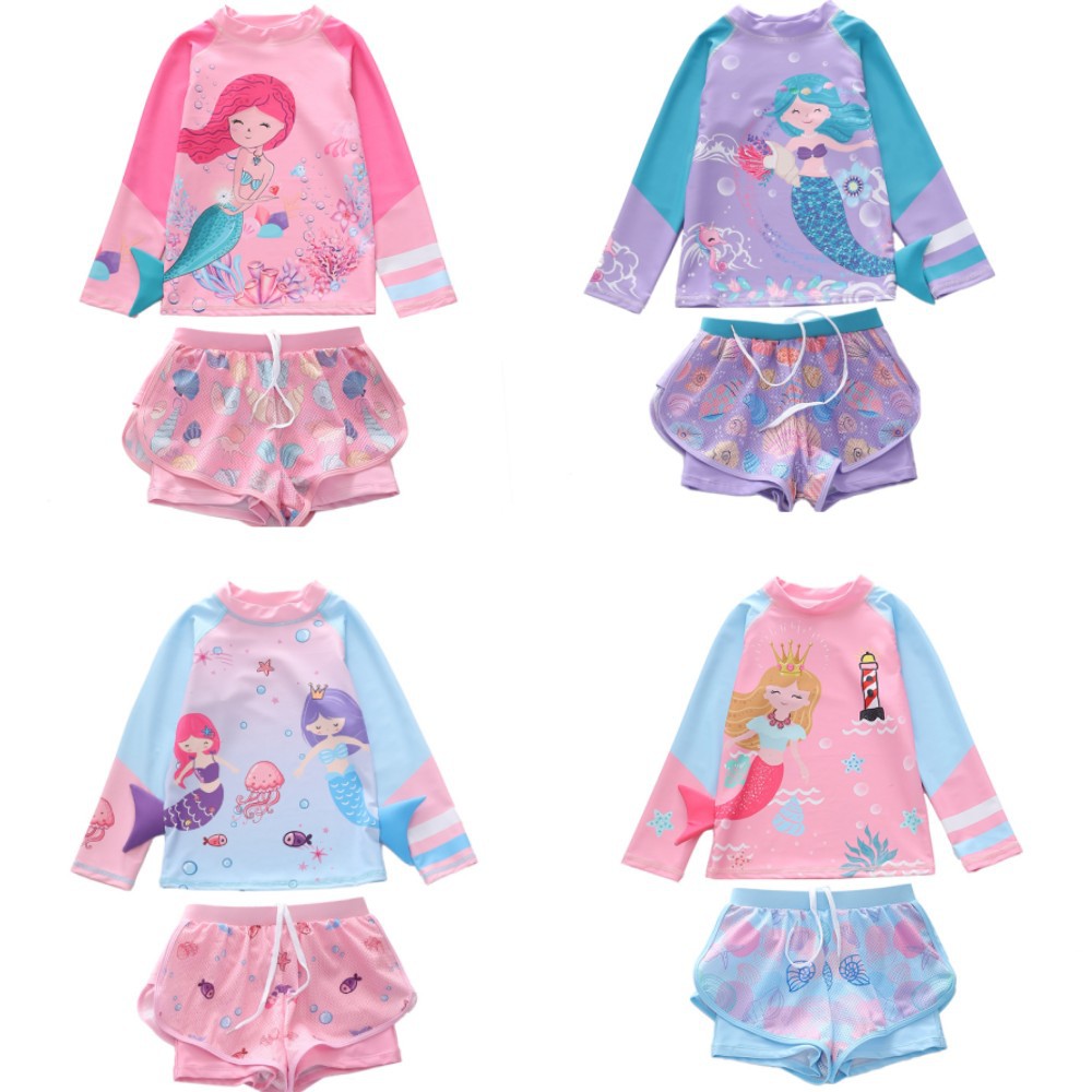 New children's swimsuit girls' two-piece long-sleeved beach sports Net boxer skirt swimsuit small medium and large children's swimsuit