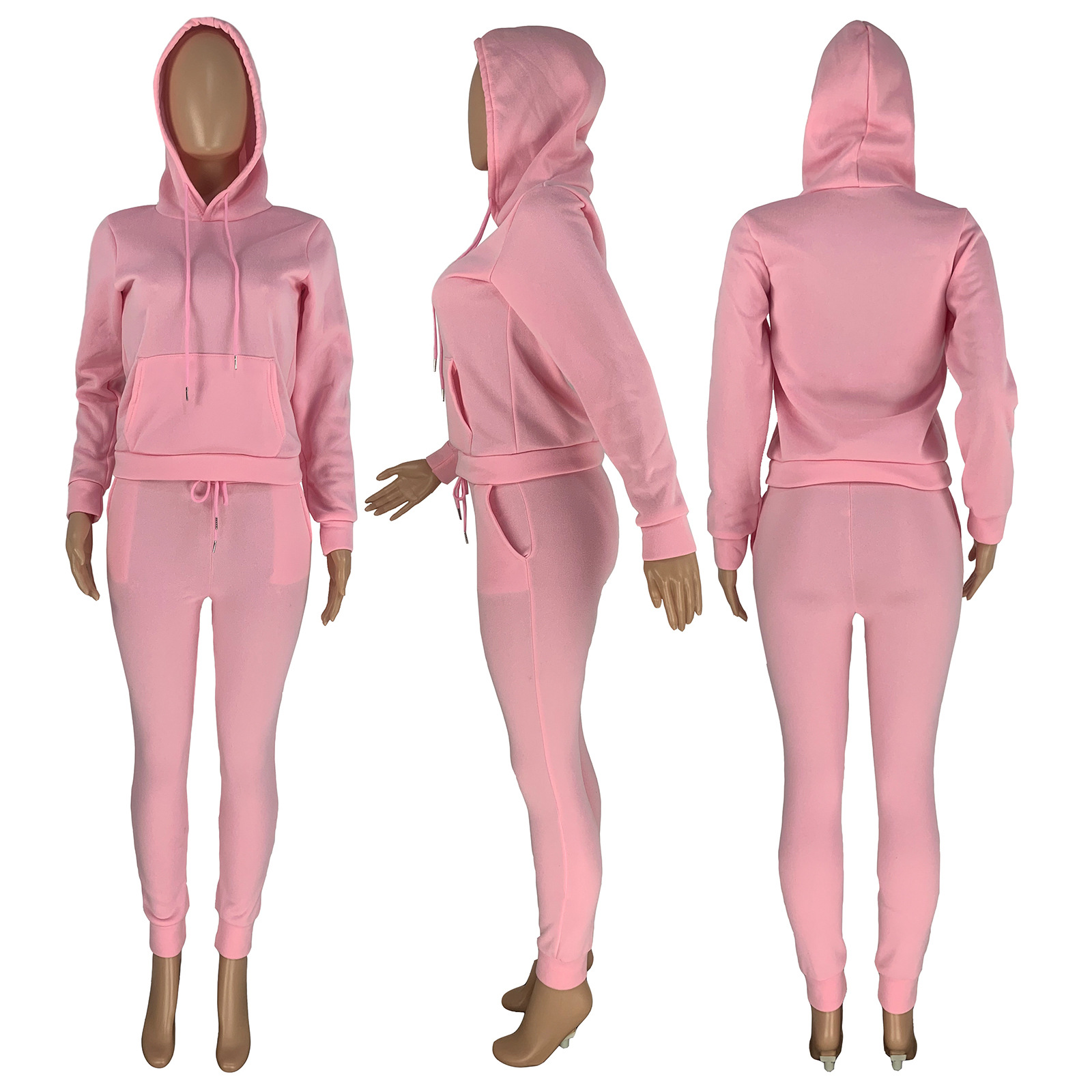 HR8197 European and American women's clothing  independent station supply autumn and winter plus velvet drawstring hooded two-piece set_voghion.com