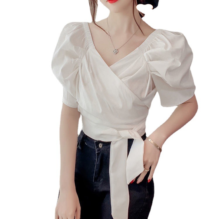 Puff sleeve chiffon shirt for women in summer 2024 new design sense cross shirt V-neck slim short top