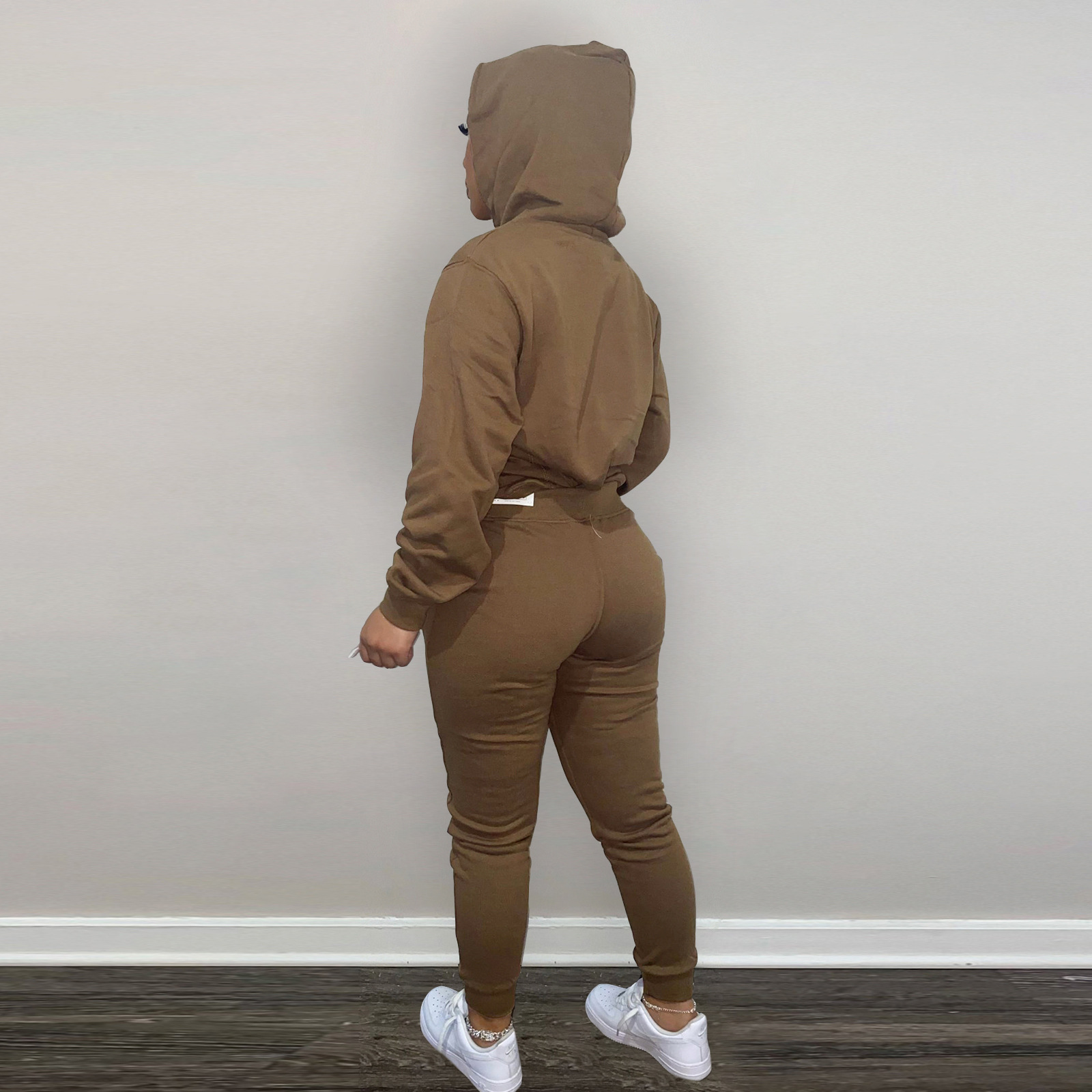 HR8197 European and American women's clothing  independent station supply autumn and winter plus velvet drawstring hooded two-piece set_voghion.com