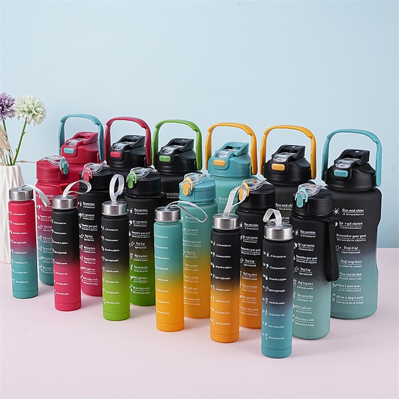 Strict selection of large capacity gradient color plastic cup three piece set portable sports kettle handle outdoor straw cup suit
