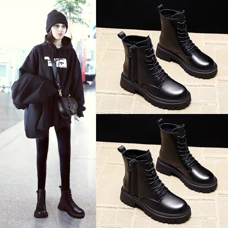 British Midi Boots Martin Boots 2021 Black Handsome Short Boots PU Front Lace-Up Round Toe Low Heel Thick Single Boots