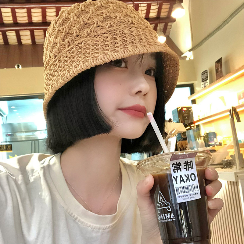 顯氣質女水桶草帽夏季遮臉漏空百搭韓版春季出遊漁夫帽草編太陽帽