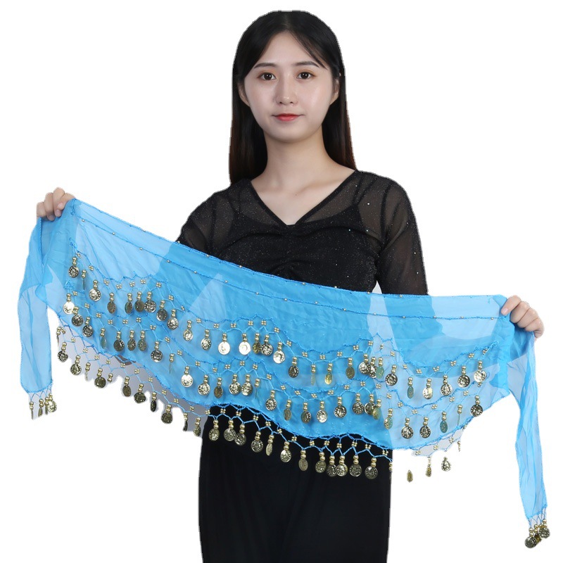 Spot wholesale belly dance waist chain 83 gold coin waist Indian dance three-layer chiffon belt hip towel accessories generation hair