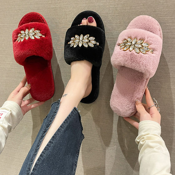 Cross-border Mao Mao slippers women's winter 2023 new Korean fashion metal chain rhinestone home cotton slippers for foreign trade