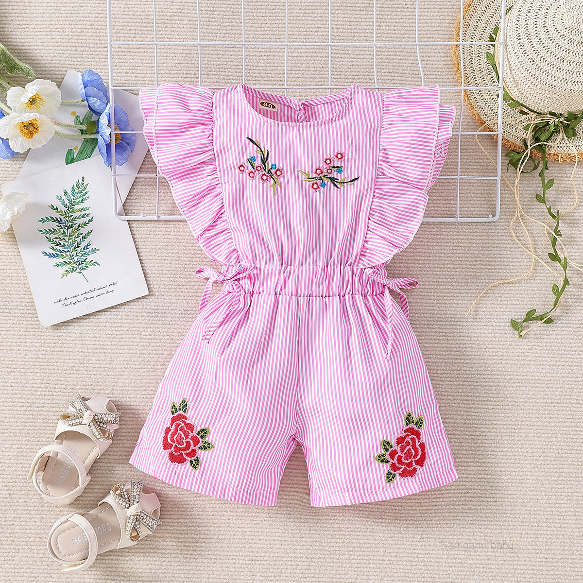  baby children's clothing summer baby striped jumpsuit girl's summer embroidered khaki climbing suit