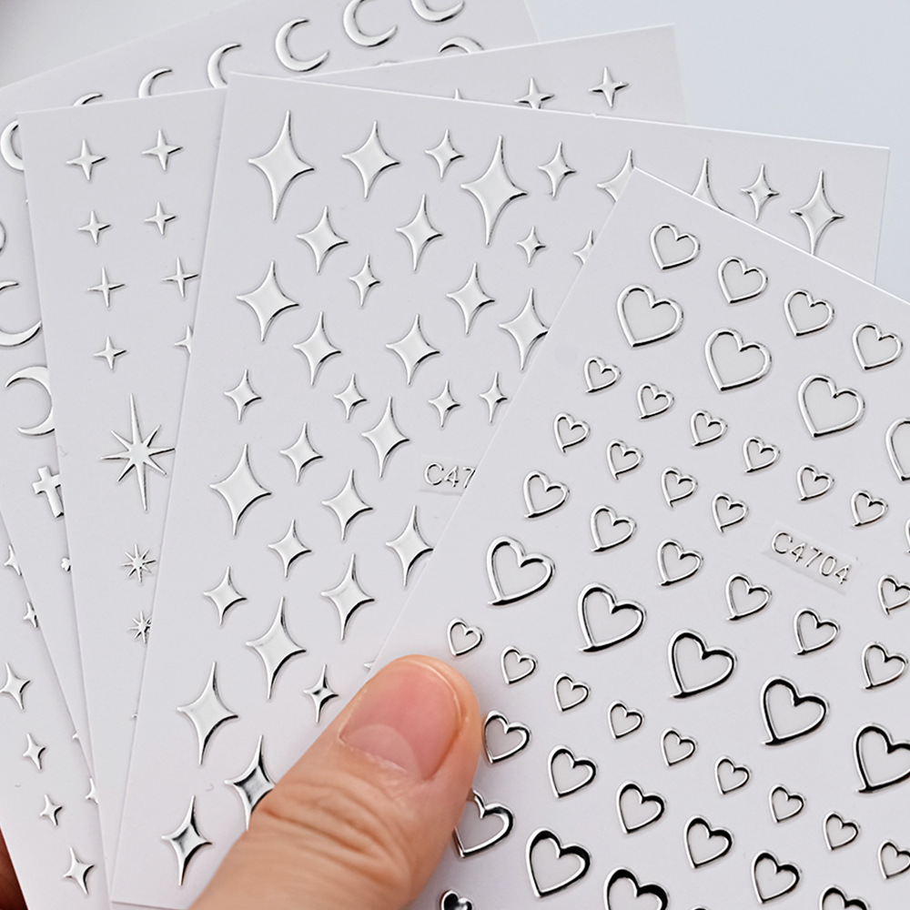 New liquid metal silver nail sticker y2g Millennium style Cross Heart star love small size pattern nail sticker