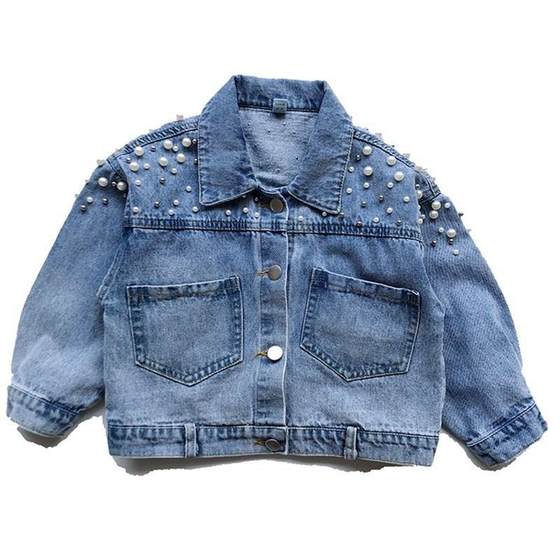 Children's Clothing 2023 Spring and Autumn New Children's Loose Long-sleeved Outerwear Girls Sweet Pearl Lapel Denim Coat