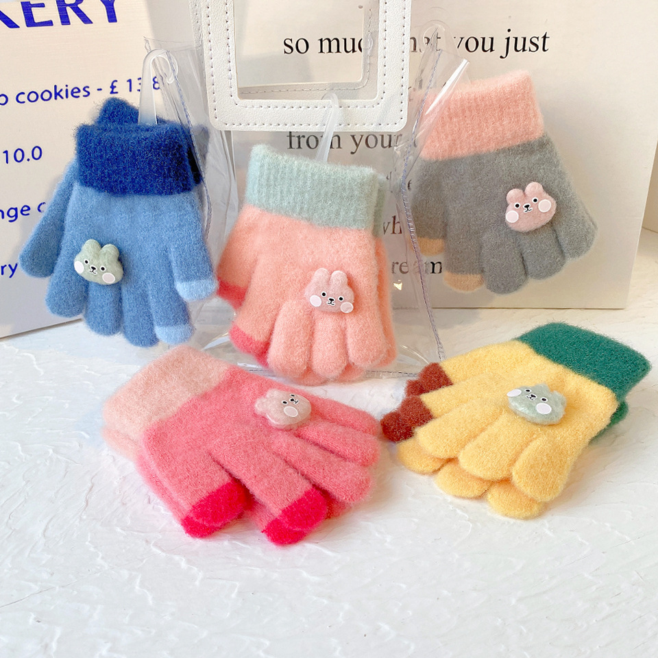 Korean Style Contrast Color Baby Warm Gloves Winter Cold-proof Thickened Children's Full Fingers Kids Boys and Girls Baby Five Fingers
