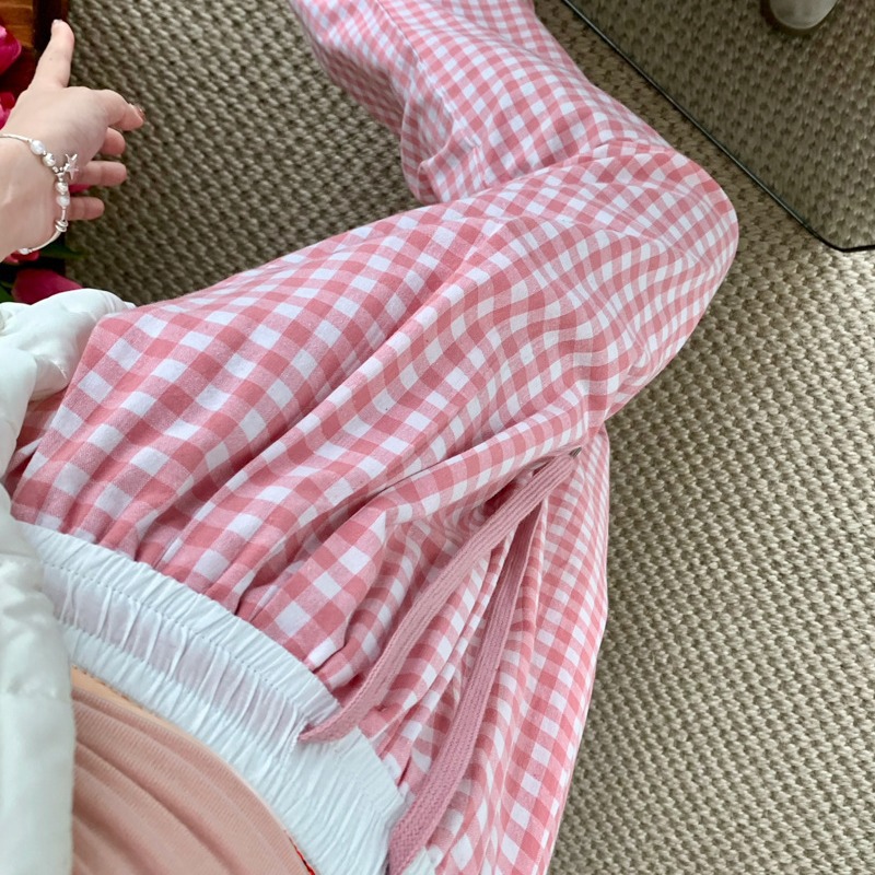 2024 Plaid Straight Casual Pants Women's High Waist Drawstring Wide Leg Pants Summer Dipping All-match Mop Pants