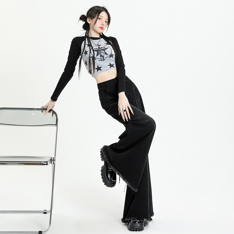 Street Style Washed Retro Subculture Black Grey Wide Leg Denim Women's Sweeping Pants Elephant Leg Large Leg Foot Burr Edge