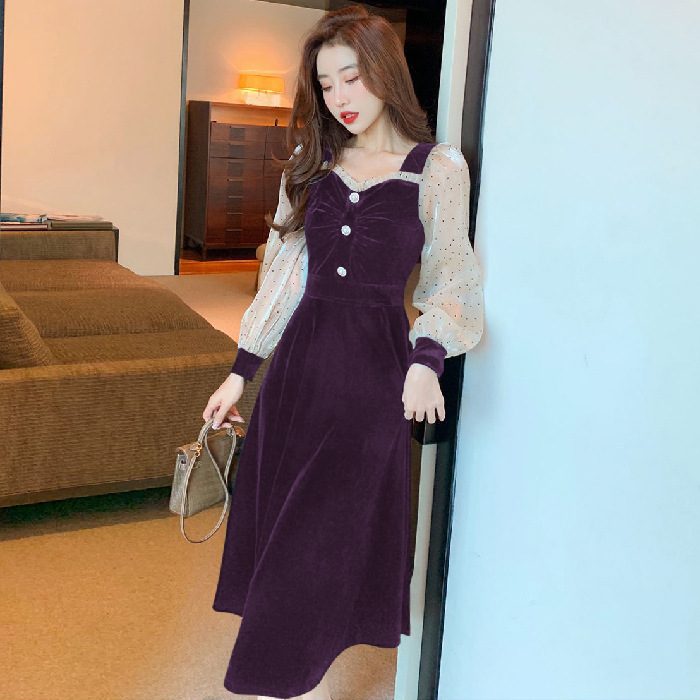 Velvet Dress Autumn and Winter Women's 2023 New Dress High-end Elegant Slim Hepburn Style Small Black Dress Long Dress