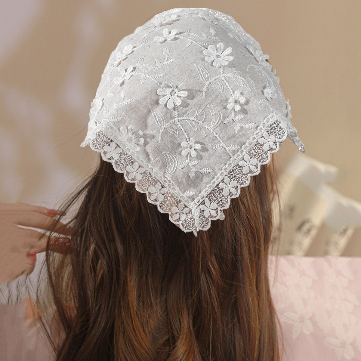 Summer Thin Flower Lace Triangle Scarf Hair Belt Women's Sweet Girl Style Hollow Bag Headscarf Solid Color Strap Hair Belt