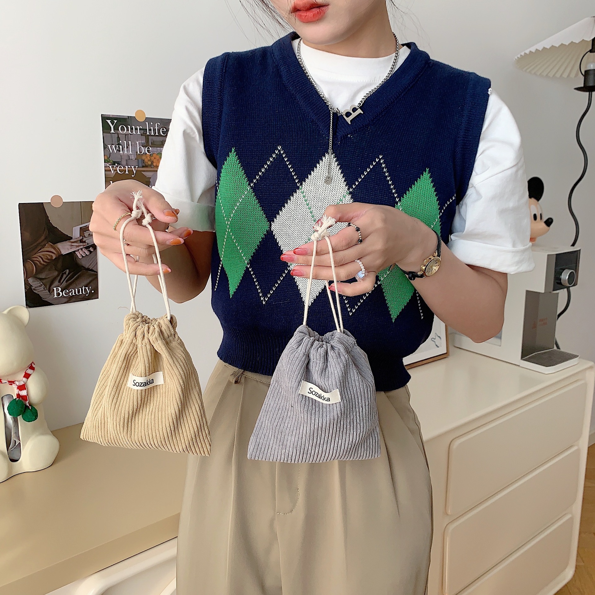 32133 Solid Color Corduroy Weaving Marks Storage Bag Drawstring Bezel Cosmetic Bag Women's Portable Portable Large Capacity