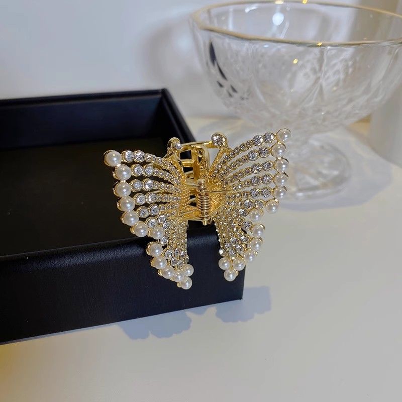 Korean style new Pearl butterfly tassel clip female light luxury back Head Small size hairpin elegant temperament shark clip net_voghion.com