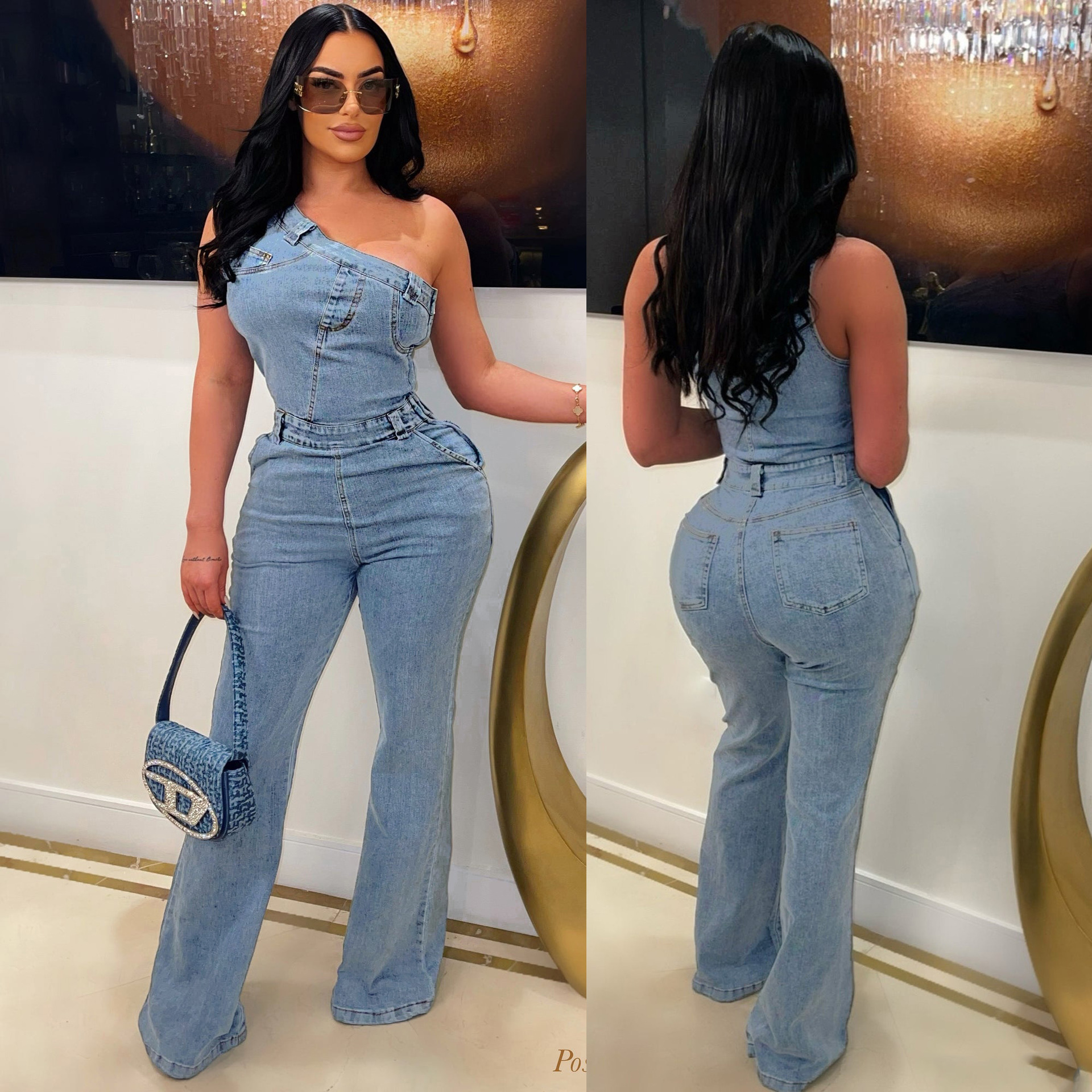 oblique shoulder tight waist slim stretch wash water Denim jumpsuit jumpsuit flared pants