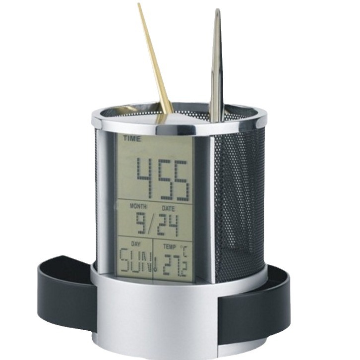 Creative personality multi-functional pen holder fashion office supplies stainless steel net electronic pen holder perpetual calendar clock