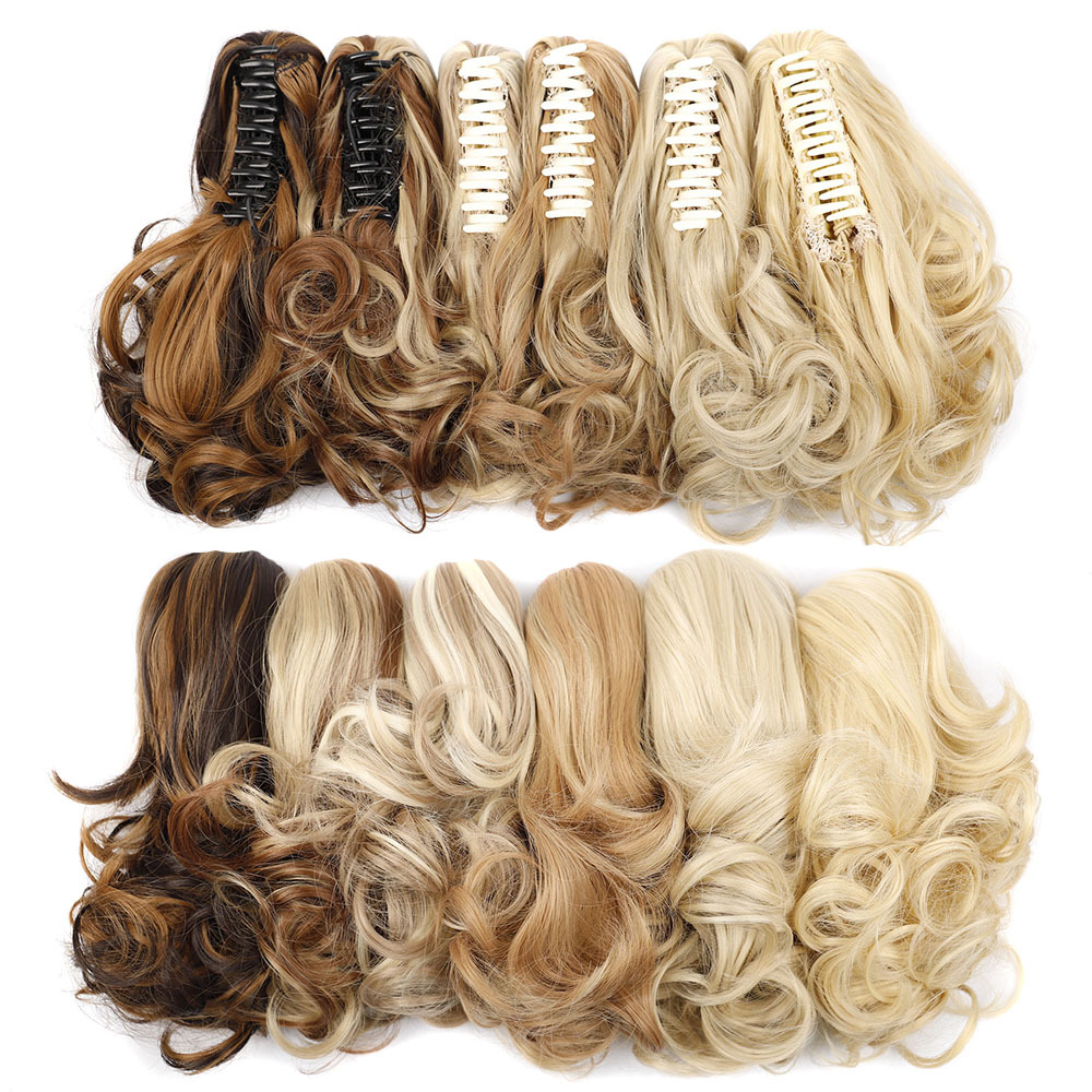 European and American wig women's short hair horsetail pear flower roll chemical fiber high horsetail natural fluffy curly hair tiger mouth clip horsetail
