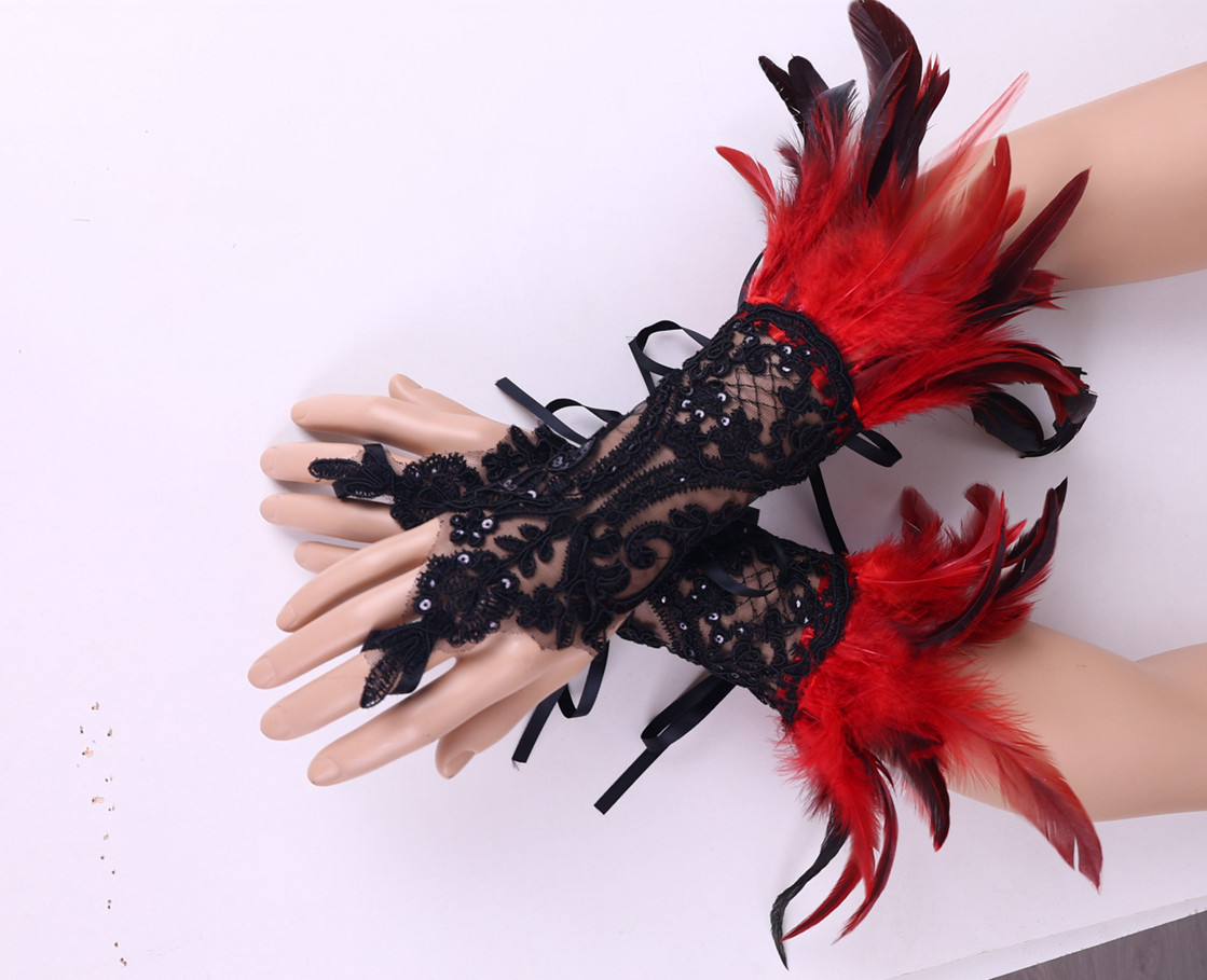  Cross-border Halloween Feather Hook Gloves Party Ball Black Lace Bracelet Sleeve Accessories_voghion.com