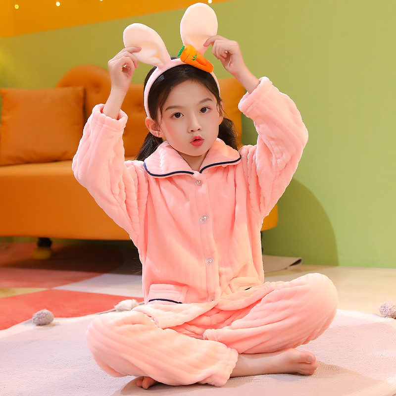 Autumn and Winter Children's Flannel Pajamas Girls' Boys' Baby's Coral Fleece Set Kids and Girls' Thickened Home Clothes
